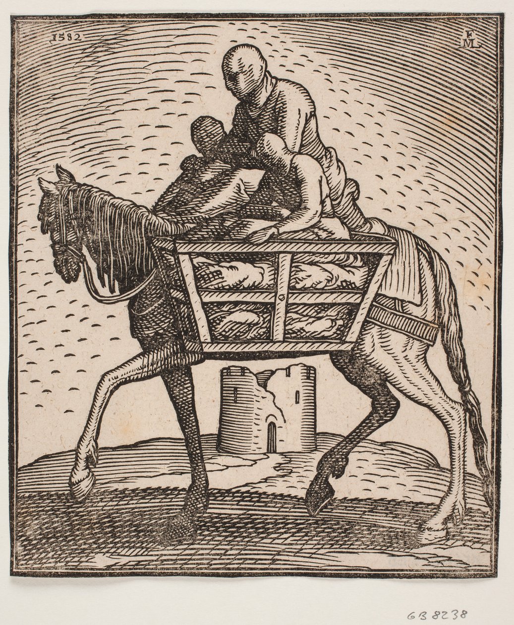 Kapüşonlu binici yüzünün üzerine indirdi; atın her iki yanında bir insanın oturduğu bir sandık; soldaki profil; atın altında yıkık, silindirik bir kule var by Melchior Lorck