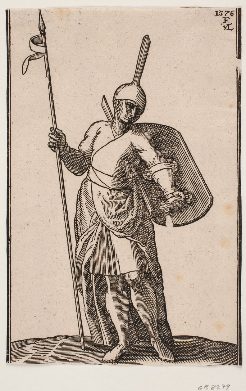 Ayakta duran asker, cepheden; yüksek, ince bir üst kısmı olan başlık; h. elinde bir mızrak, v. kolunda bir kalkan, içeriden görülüyor by Melchior Lorck