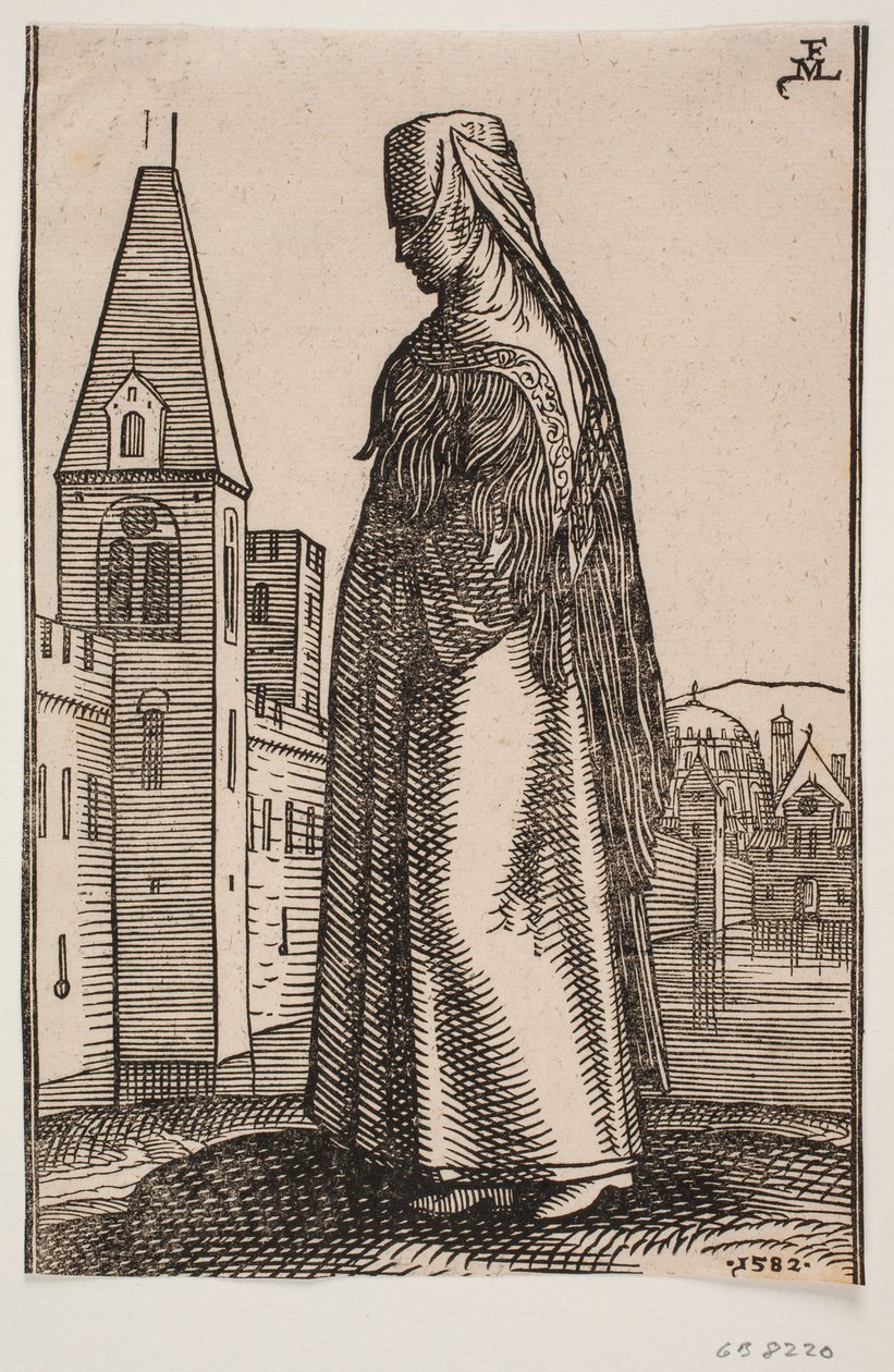 Peçeli, yürüyen kadın, profil sola doğru; önünde sudan kuleli bir şehir surları yükseliyor by Melchior Lorck