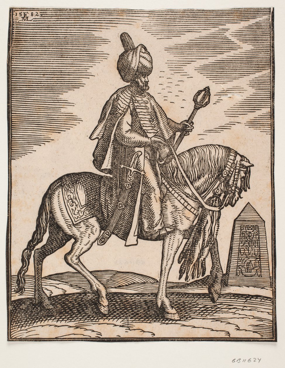 Sağ tarafında bir kılıç ve sol elinde bir savaş sopası olan sarıklı binici, profili sağa doğru; arka planda bir dikilitaş by Melchior Lorck