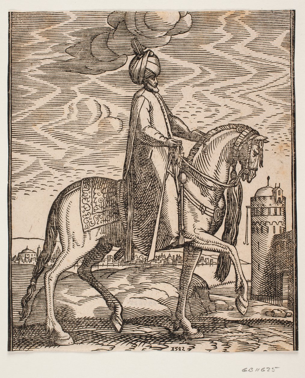 Atın sağ tarafında sopası asılı sarıklı binici; sağa doğru profil; resmin sağ tarafında, kapılı bir duvar ve yuvarlak bir kule by Melchior Lorck