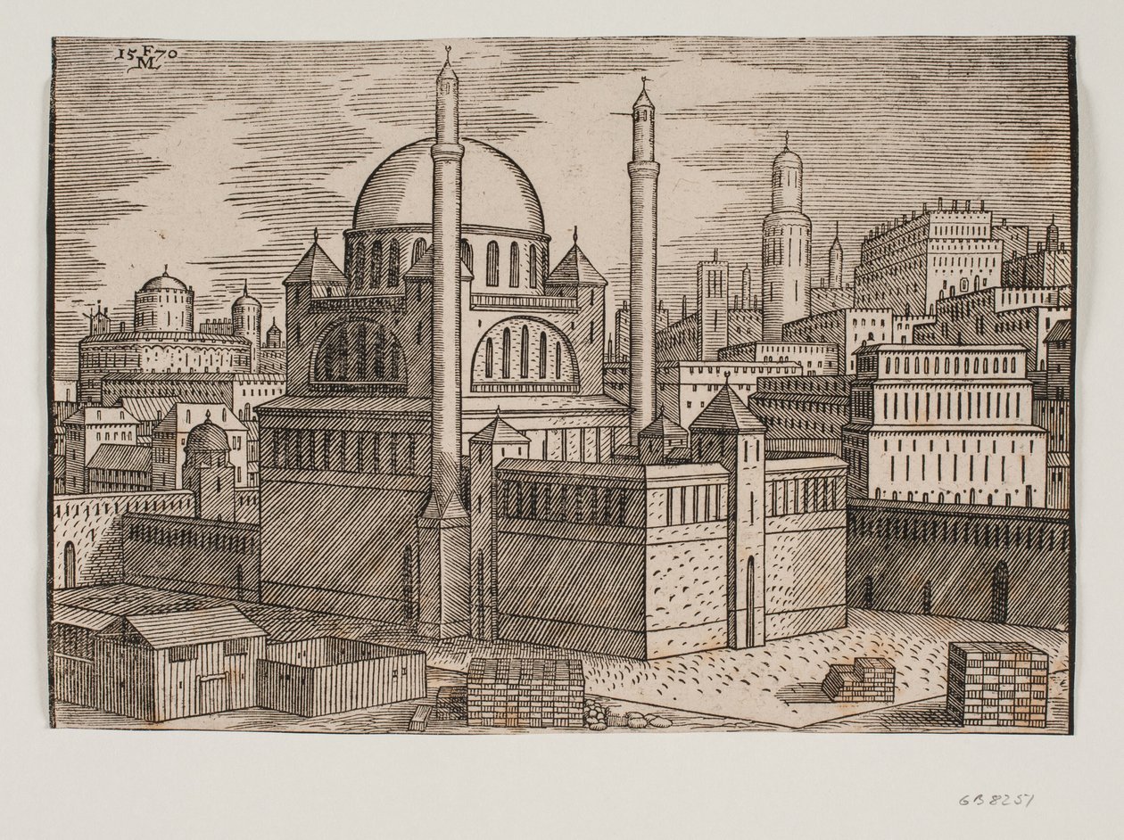 Kuzeydoğudan görülen 2 minareli kimliği belirsiz cami; yığılmış yapı taşları ile ön planda şantiyede by Melchior Lorck