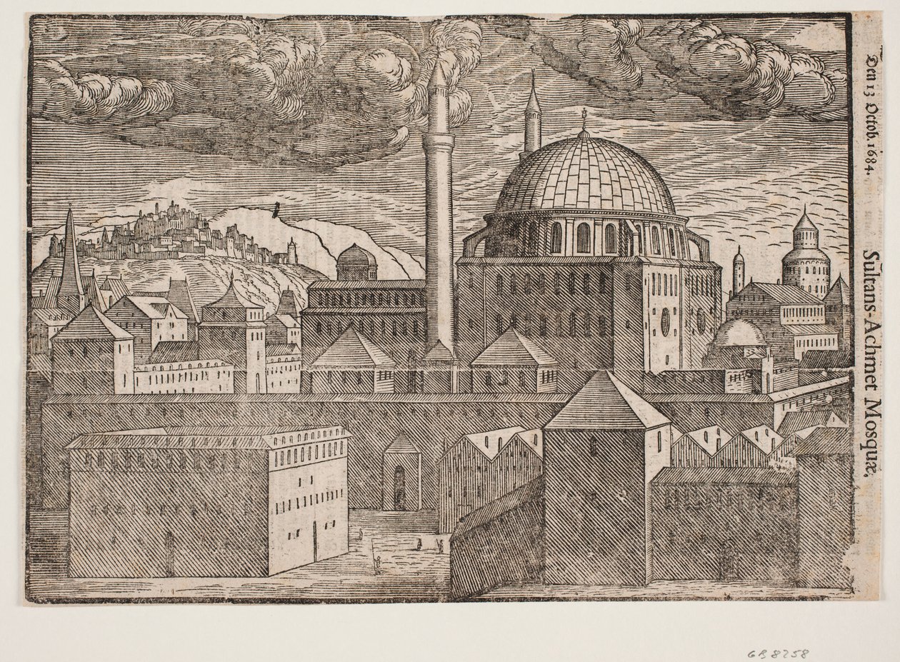 Güneydoğudan görülen 2 minareli kimliği belirsiz cami; televizyon. müstahkem şehir ile dağ by Melchior Lorck