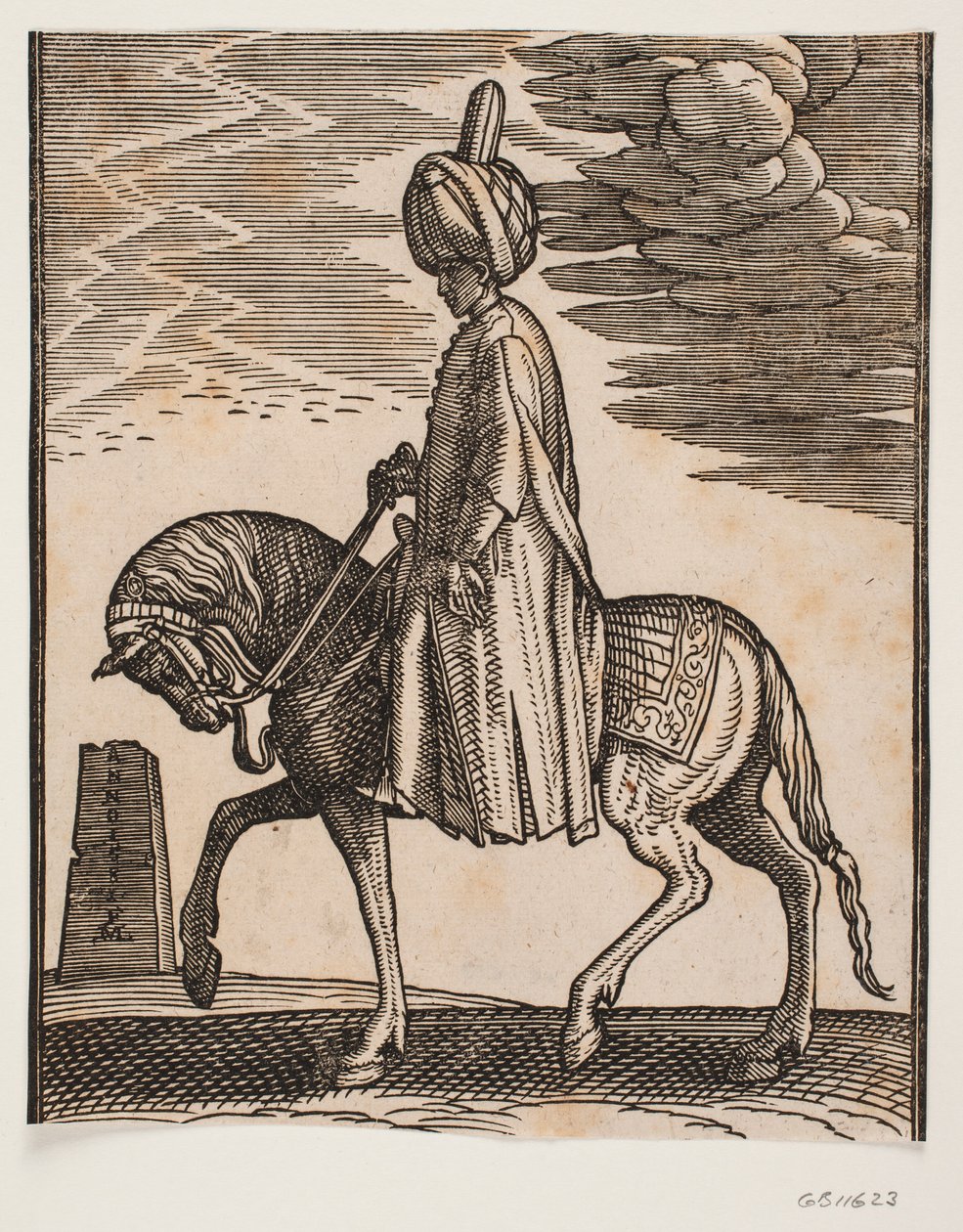 Silahsız sarıklı binici, profil sola doğru; atın önünde, harap bir dikilitaş by Melchior Lorck