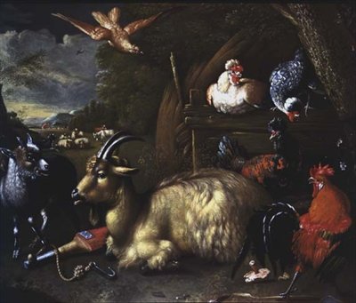 Peyzajda Diğer Hayvanlar ve Kuşlarla Keçi by Melchior de (school of) Hondecoeter