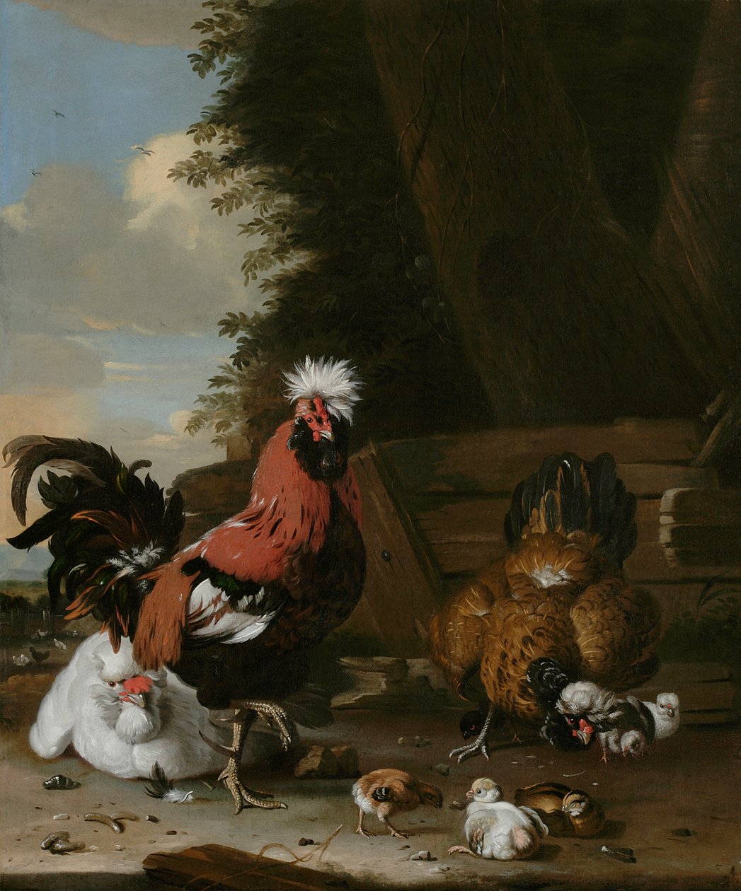 Çiftlik Bahçesinde Tavuklar ve Civcivlerle Bir Küçük Horoz by Melchior de Hondecoeter