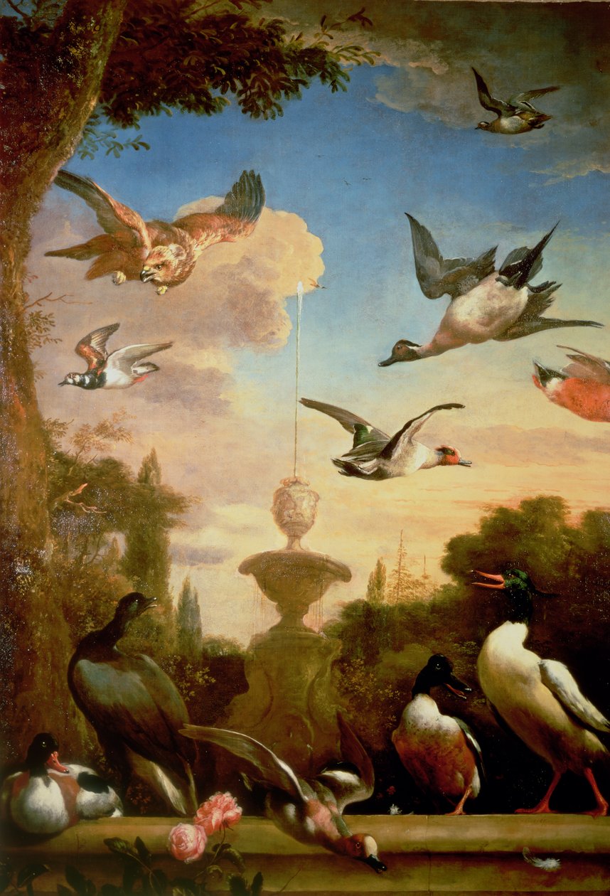 Klasik Bahçe Manzarasında Yeşilbaş ve Altın Kartal by Melchior de Hondecoeter