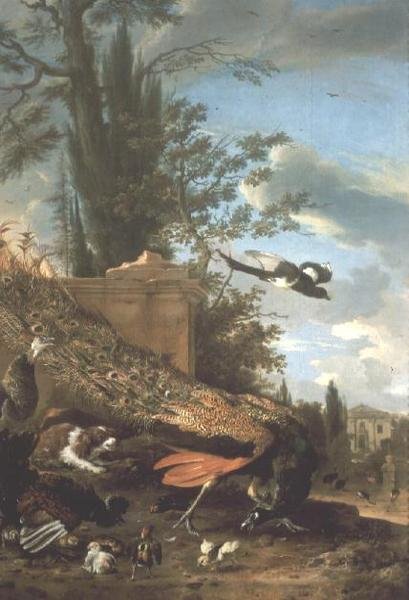 Bir Villanın Bahçesinde Bir Tavus Kuşu ve Bir Spaniel by Melchior de Hondecoeter