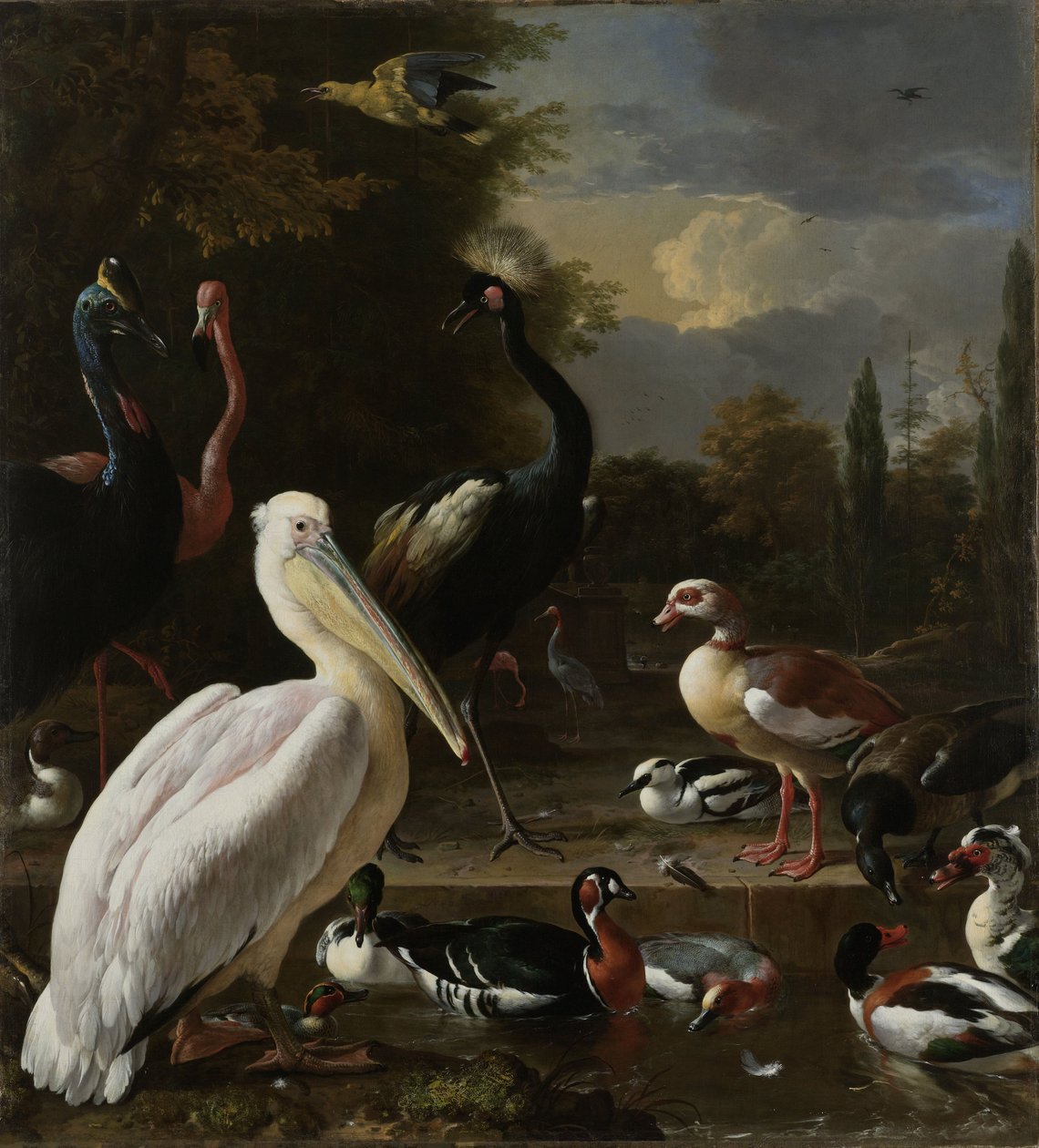 Bir Pelikan ve Havuzun Yanındaki Diğer Kuşlar, "Yüzen Tüy" Olarak Bilinir, 1680 dolayları by Melchior de Hondecoeter