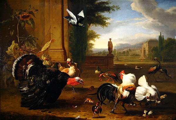 Park ortamında bir hindi, horoz ve horoz ve diğer egzotik kümes hayvanları (tuval üzerine yağlı boya) by Melchior de Hondecoeter
