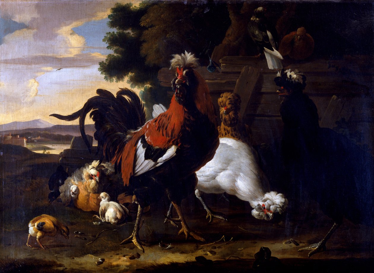 Ormanlık Bir Peyzajda Çitin Yanında Horoz, Tavuklar ve Civcivler by Melchior de Hondecoeter