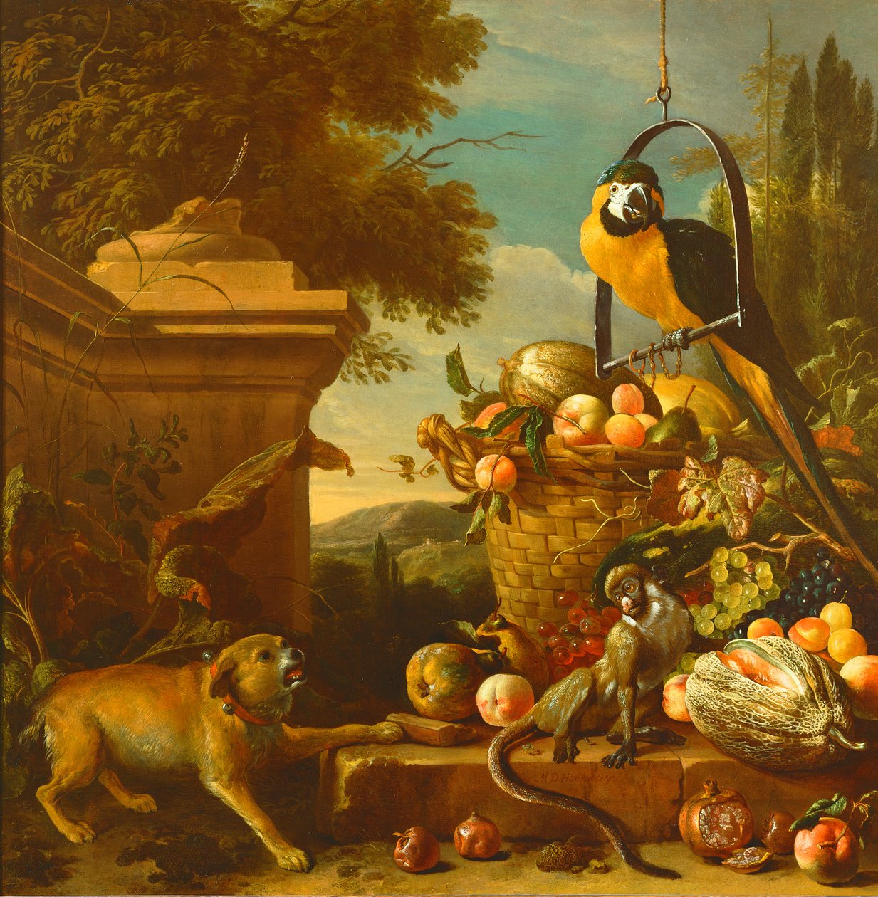 Amerika papağanı ve bir maymun by Melchior de Hondecoeter