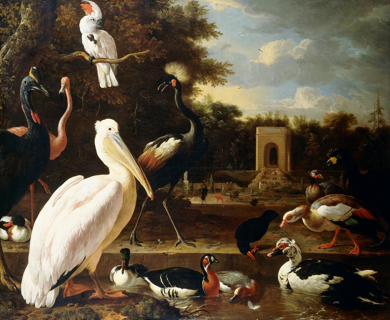 Bir Parkta Havuzda Birbirinden Farklı Kuş Türleri, by Melchior de Hondecoeter