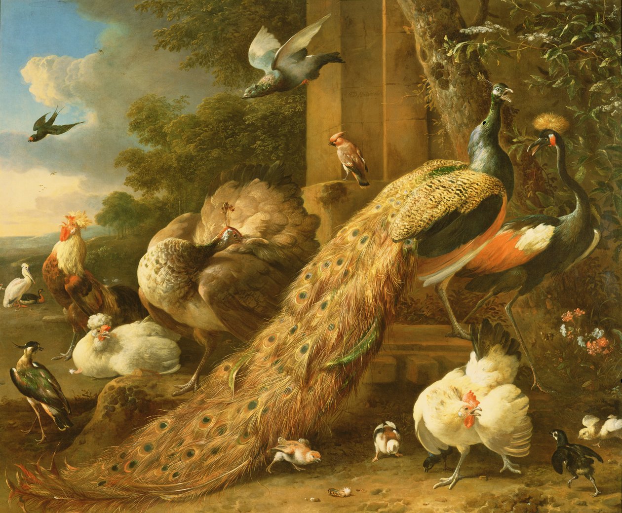 Tavus kuşu, muhabbet kuşu, pelikan, vinç ve kümes hayvanları by Melchior de Hondecoeter