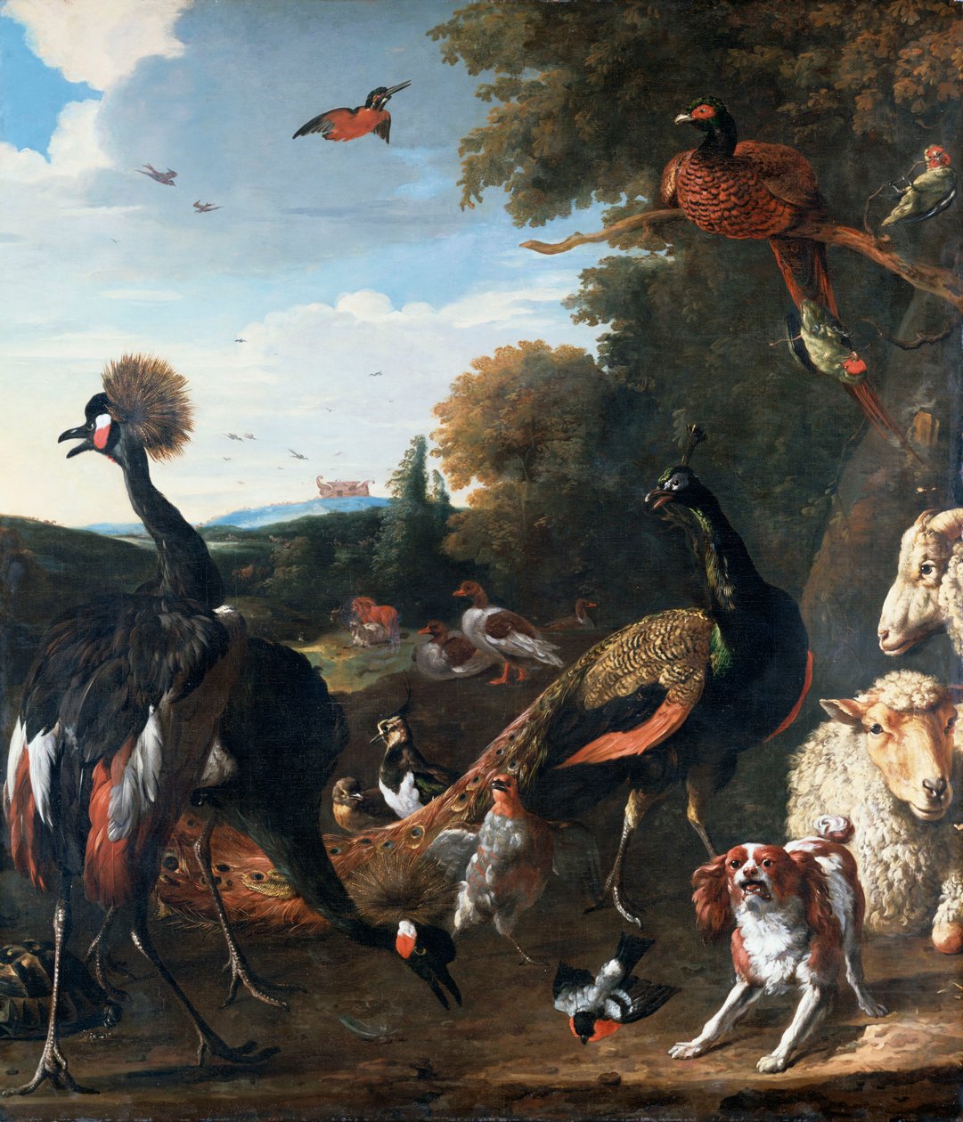 Bir manzara içinde bir koyun ve köpek ile tavus kuşu ve diğer kuşlar by Melchior de Hondecoeter