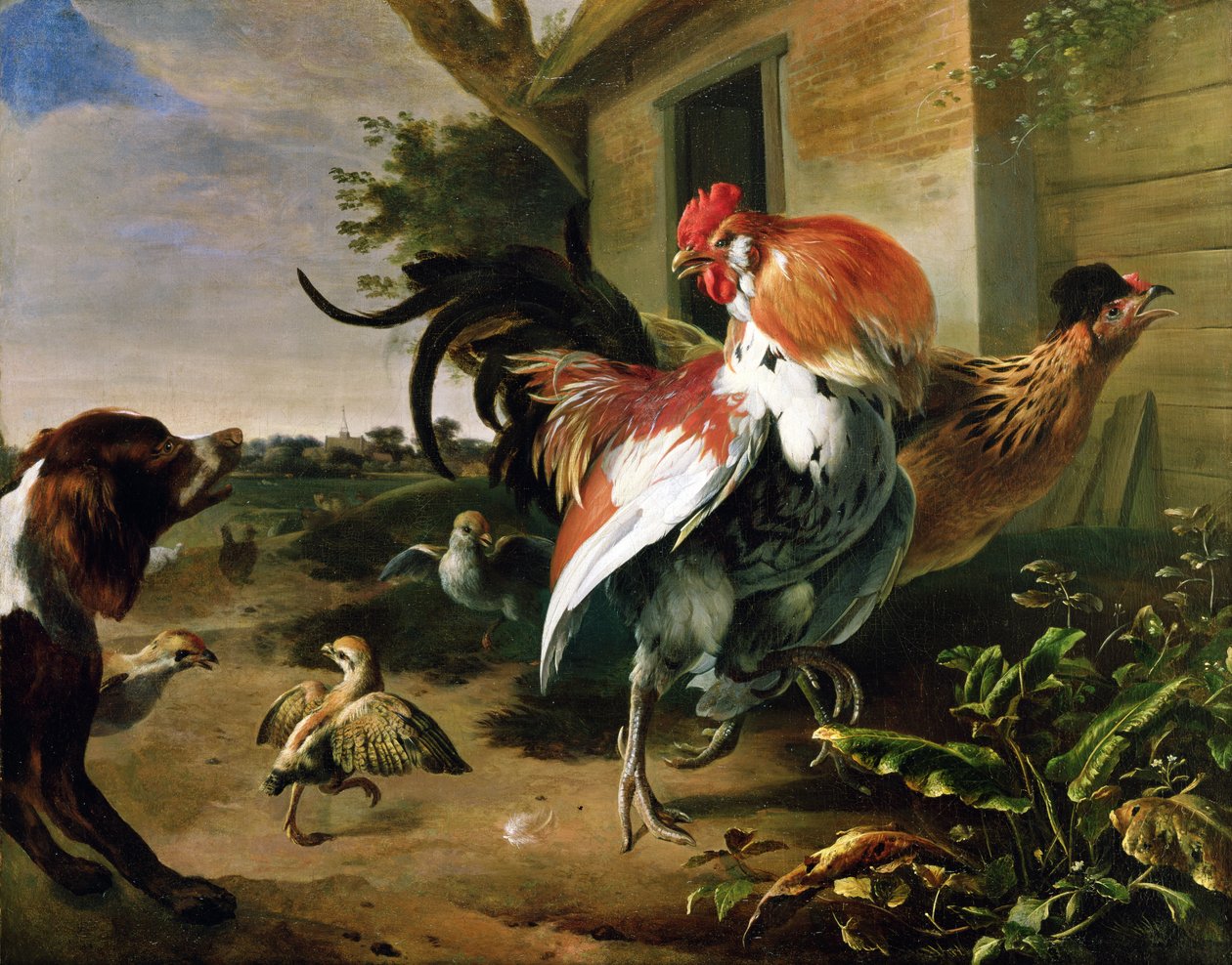Bir çiftlik bahçesinde kümes hayvanları ve İspanyol by Melchior de Hondecoeter
