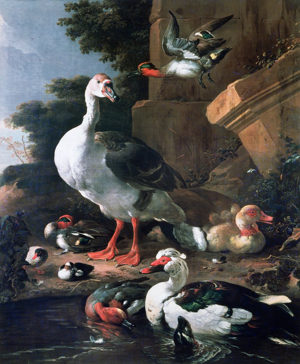 Klasik bir manzarada su kuşları, 17. yüzyıl by Melchior de Hondecoeter