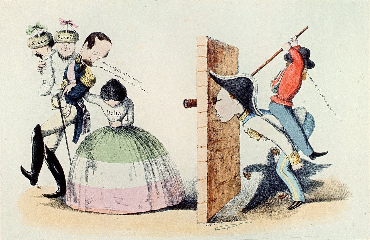 Risorgimento: 24/03/1860 tarihli Torino Antlaşması (Trattato di Torino) üzerine karikatür (gravür) by Melchiorre Delfico