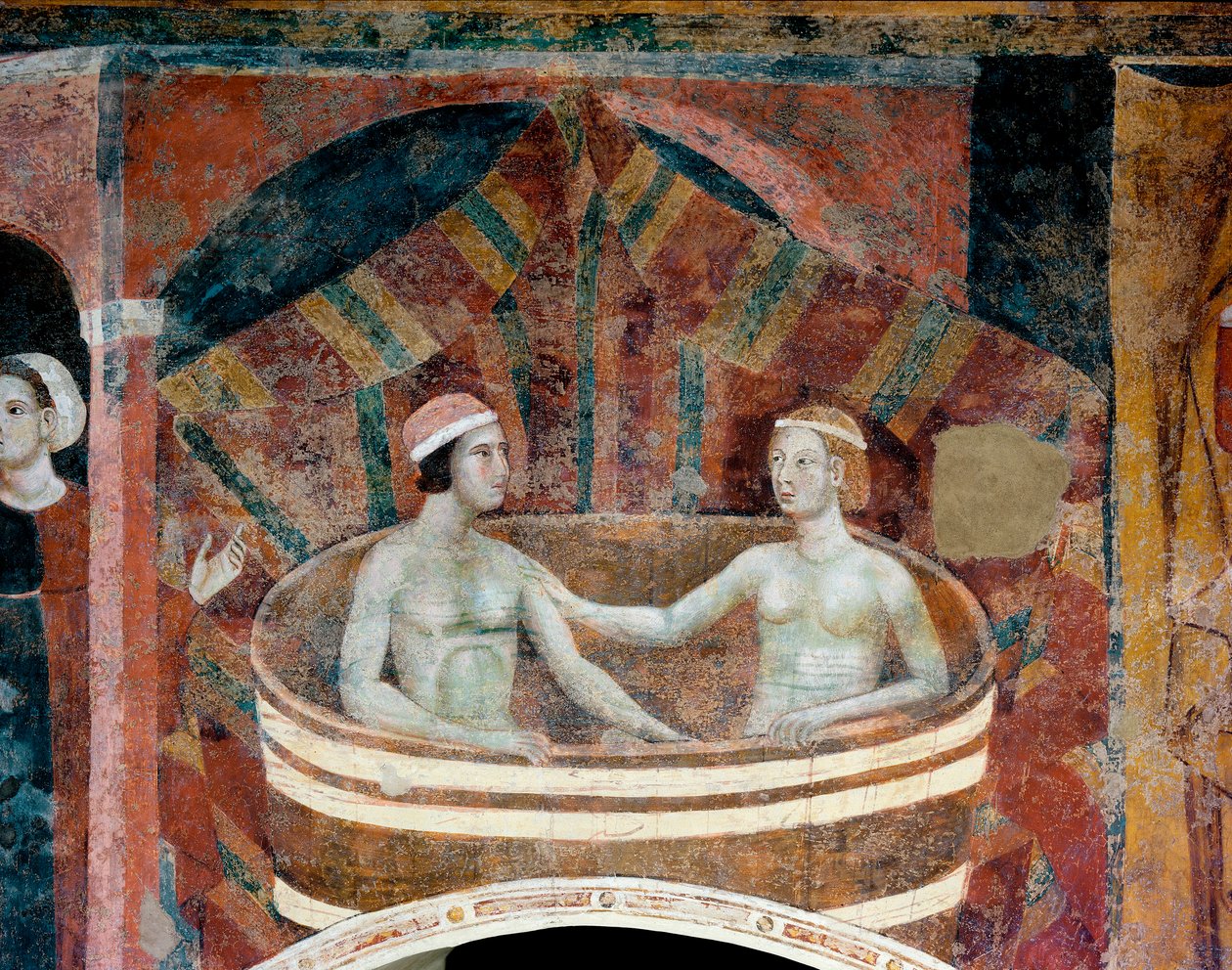 Orta Çağ'da evlilik hayatı sahnesi. Çöp kutusunda tuvaletini yapan bir çift. detay. (fresk, 14. yüzyılın başları) by Memmo di Filippuccio
