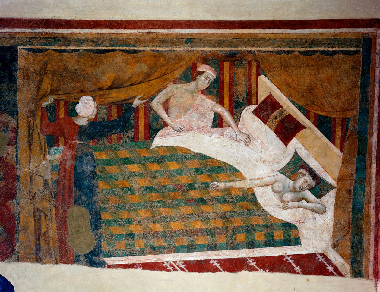 Orta Çağ'da evlilik hayatı sahnesi. Bir adam yatakta çıplak uyuyan karısına katılır. detay. (fresk, 14. yüzyılın başları) by Memmo di Filippuccio