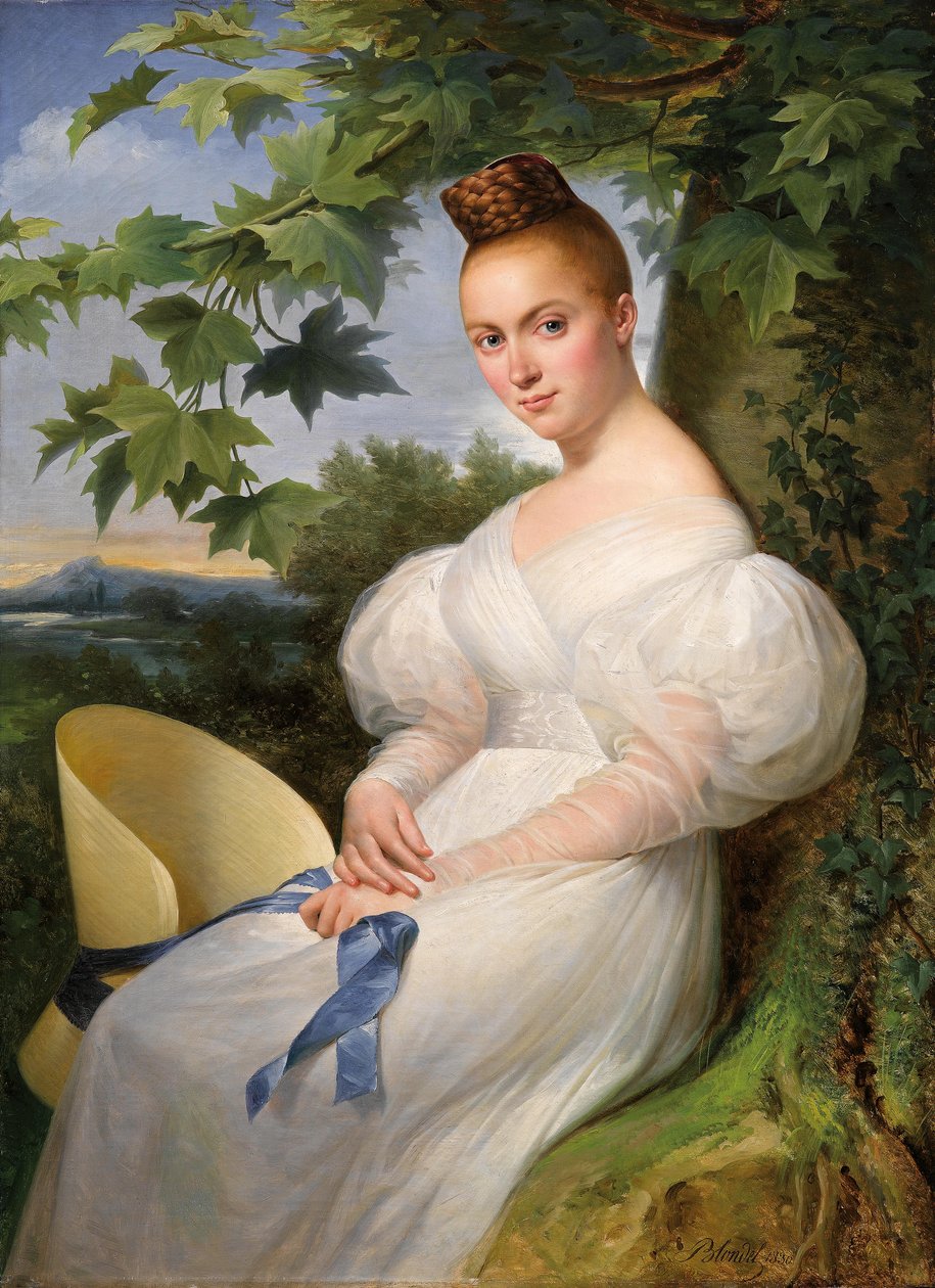 Hasır şapkalı genç bir kadının portresi by Merry Joseph Blondel