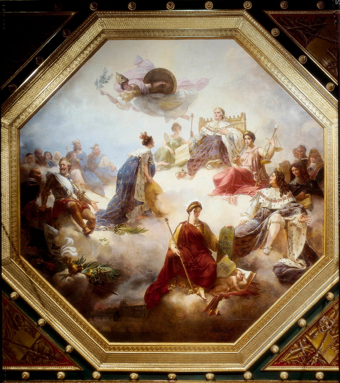 Fransa, kanun koyucu kralların ve Fransız hukuk danışmanlarının ortasında, Anayasal Beyannameyi Louis XVIII, Camondo odasının tavanı, Louvre, Paris