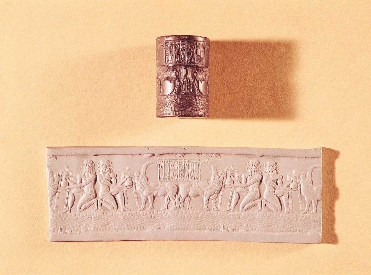 Akad silindir mührü ve Shar-kali-sharri baskısı (MÖ 2217-c.2193) Akad Kralı, Mezopotamya, MÖ 2340-2100 (mermer) by Mesopotamian
