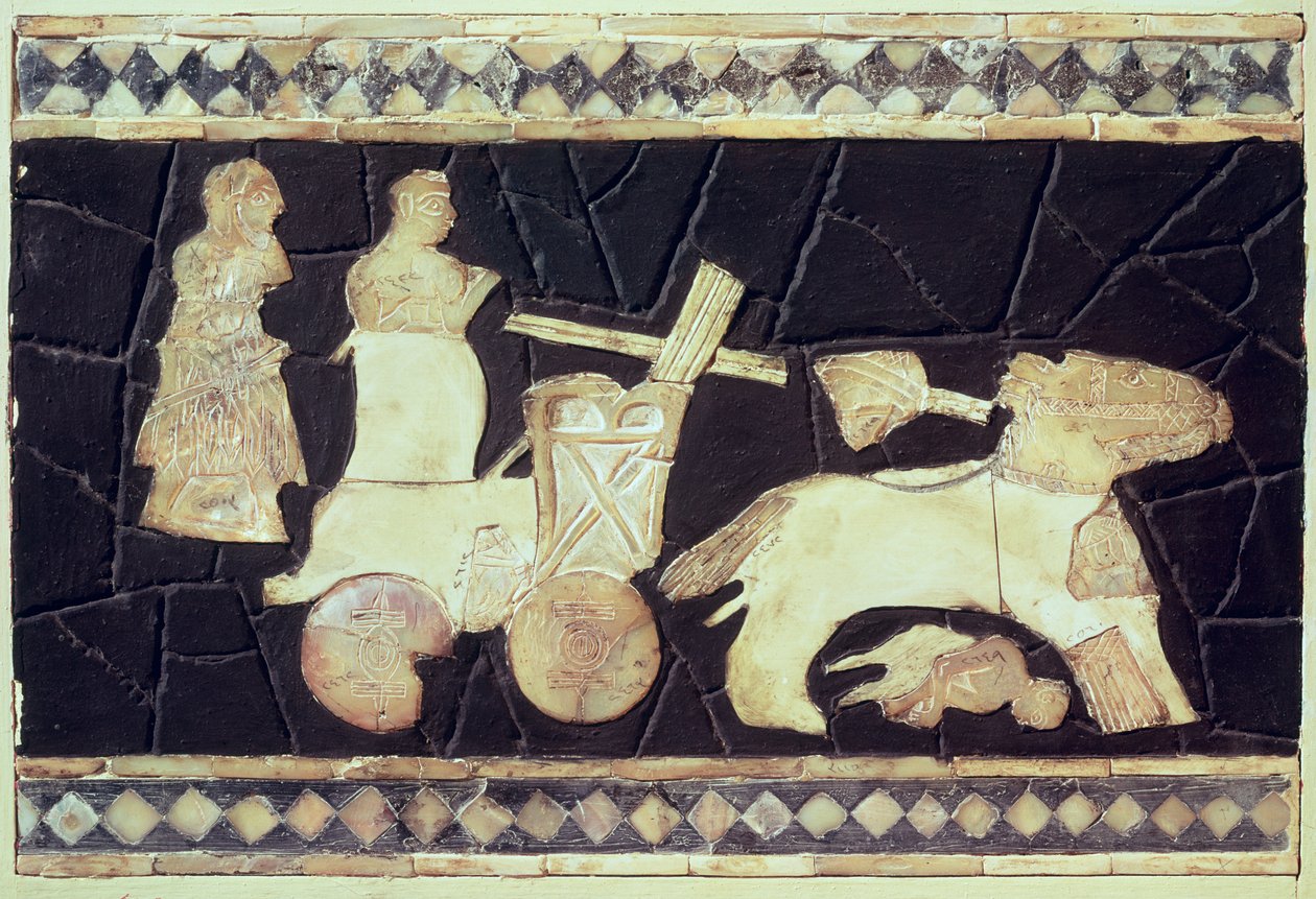 İki atın çektiği savaş arabası, MÖ 2800-2300 (fildişi, sedef ve mozaik) by Mesopotamian