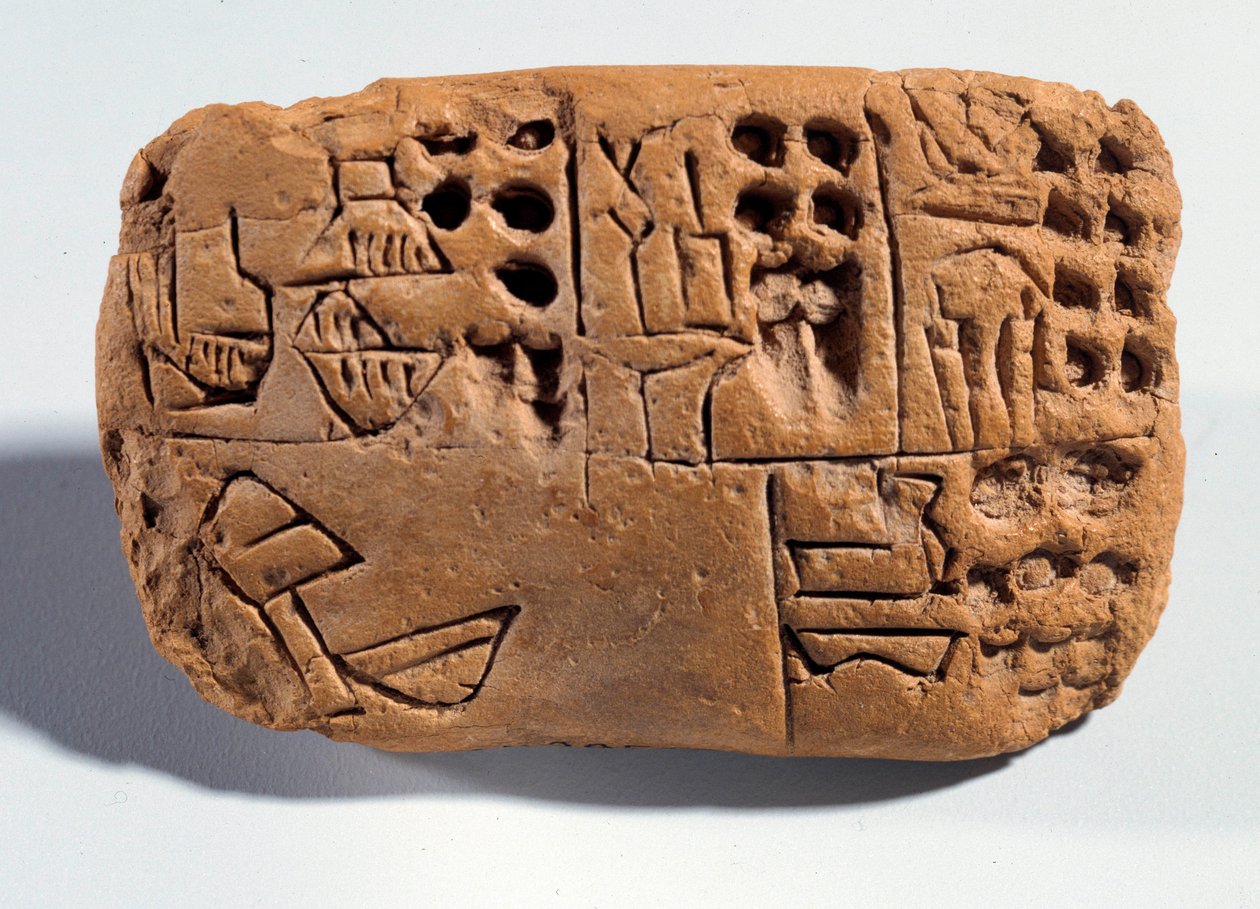 Mezopotamya: çivi yazısı yazılı ham toprak tableti. Bölge Sümer. MÖ 3300 Paris, Musee du Louvre by Mesopotamian School
