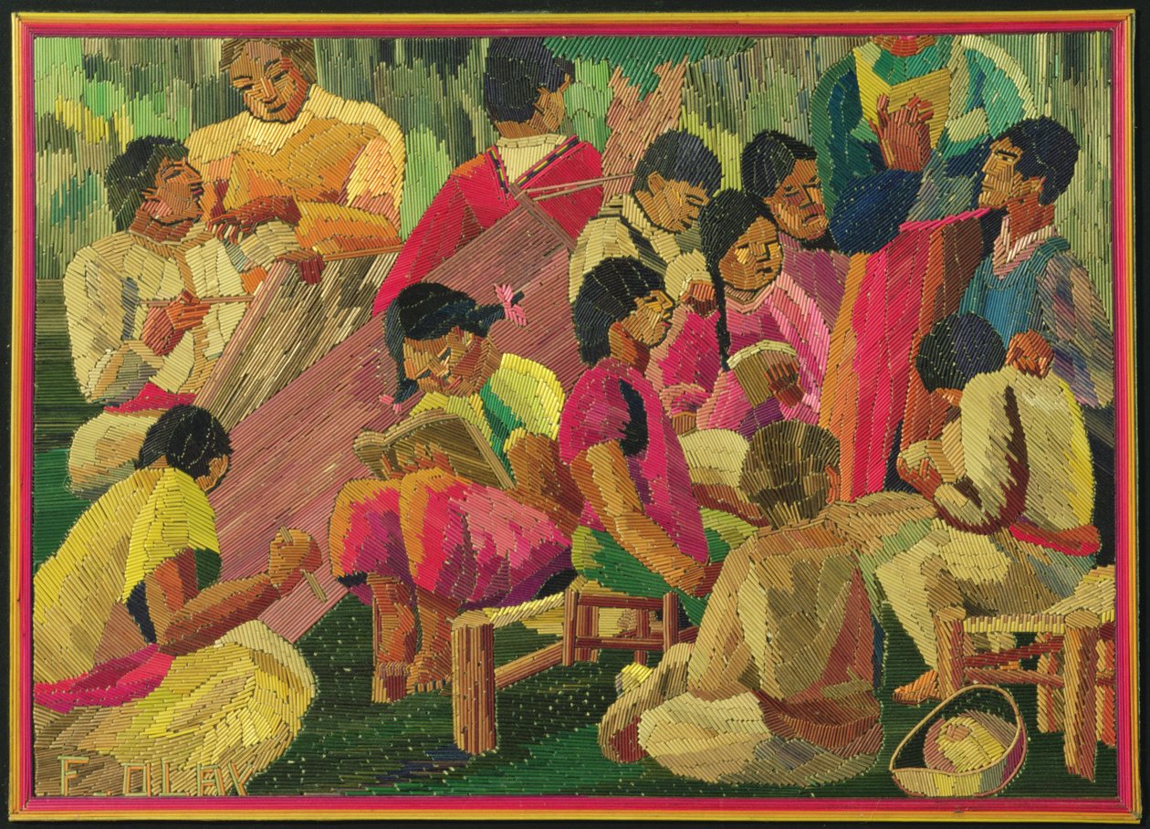 Meksikalı köy sahnesi (renkli saman boyama) by Mexican School