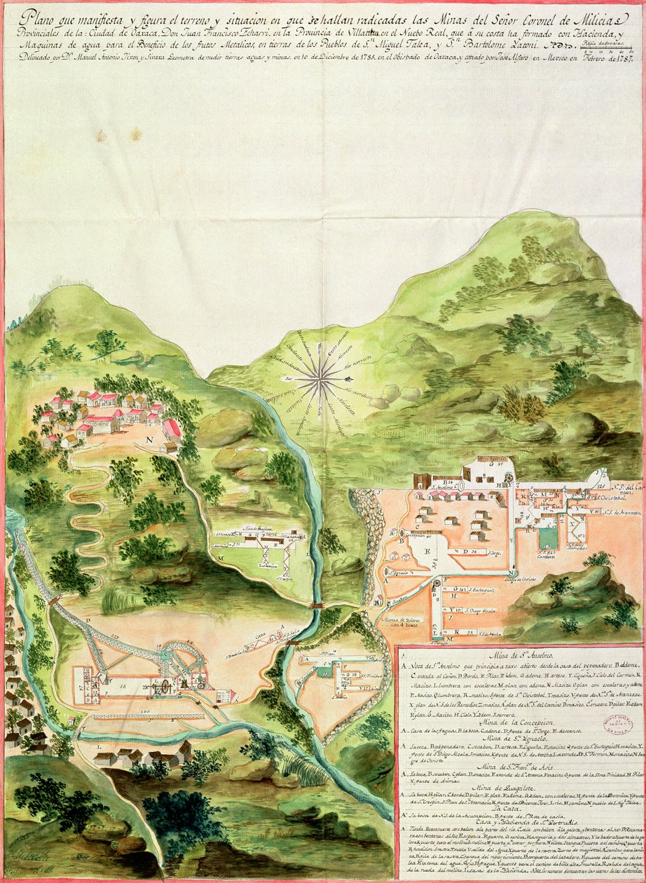 Oaxaca Madenleri Planı, Meksika, 1785-87 (kağıt üzerinde kalem ve mürekkep ve tuvalet) by Mexican School