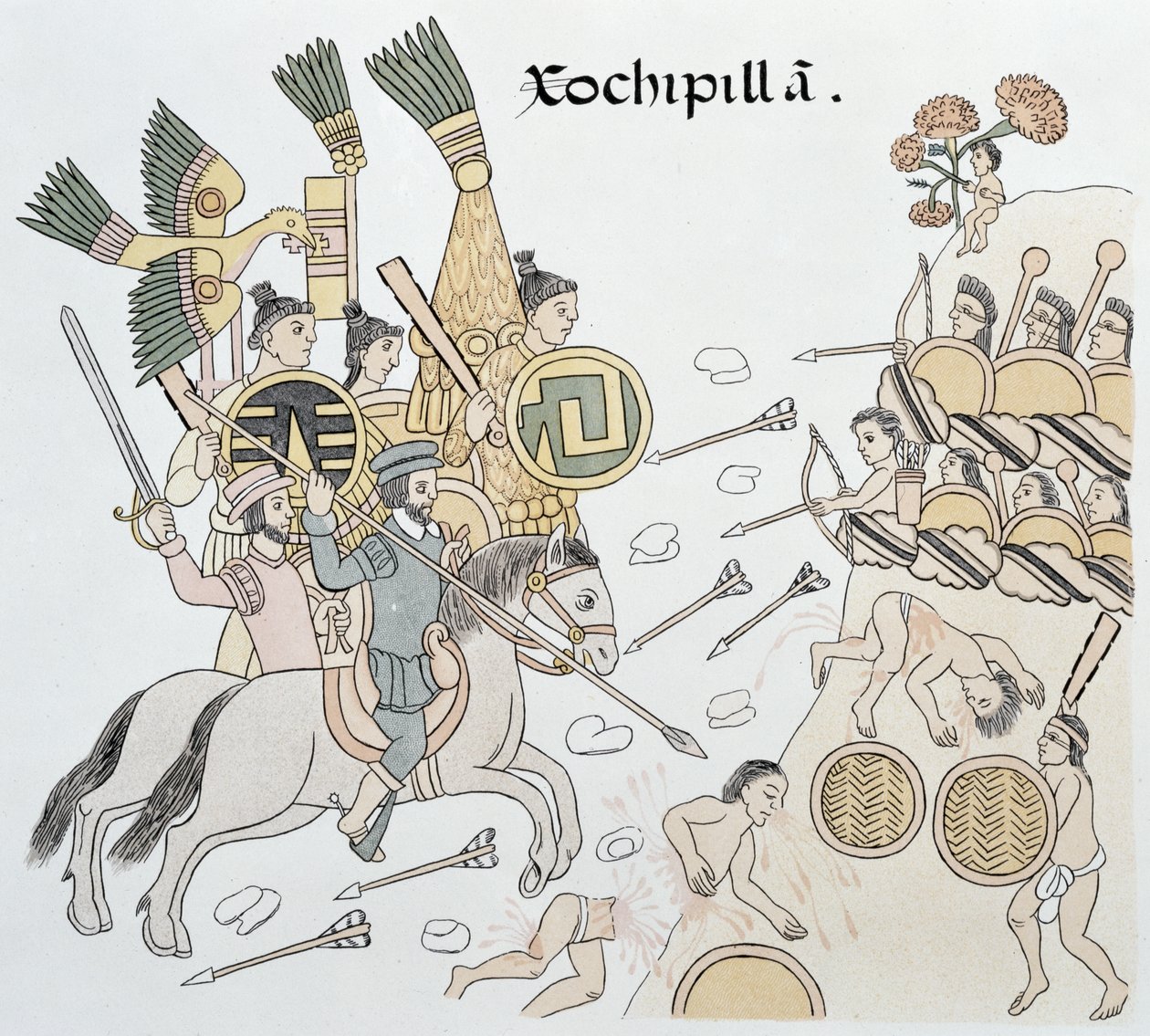 İspanyollar ve Aztekler arasındaki Xochipilla Muharebesi, bir Meksikalı Kızılderili resim tarihinin tıpkıbasımından çizim, yaklaşık 1550, 1892 tarihli Lienzo de Tlaxcala by Mexican School