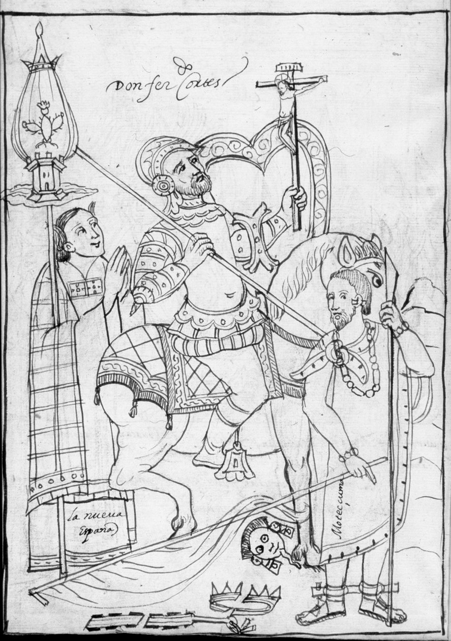 MS Hunter 242 f.246v, At Sırtında Cortes, mağlup Aztek Kralı Moctezuma