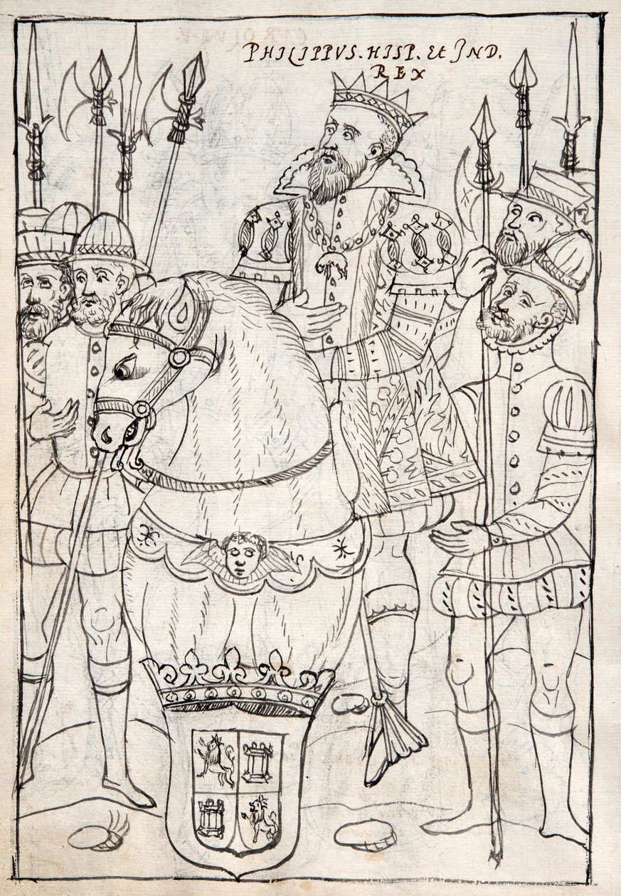 MS Hunter 242 f.249v Philip II, at sırtında oturmuş, Altın Post nişanı taşıyor, etrafı silahlı adamlarla çevrili, Diego Munoz Camargo