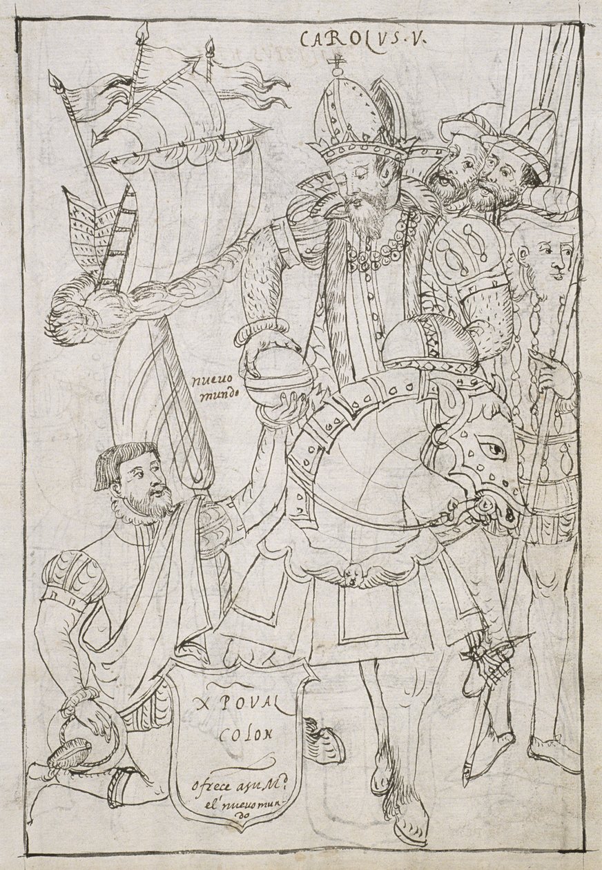 Ms Hunter 242 f.249r Christopher Columbus (1451-1506) Yeni Dünyayı Sembolik olarak Charles V