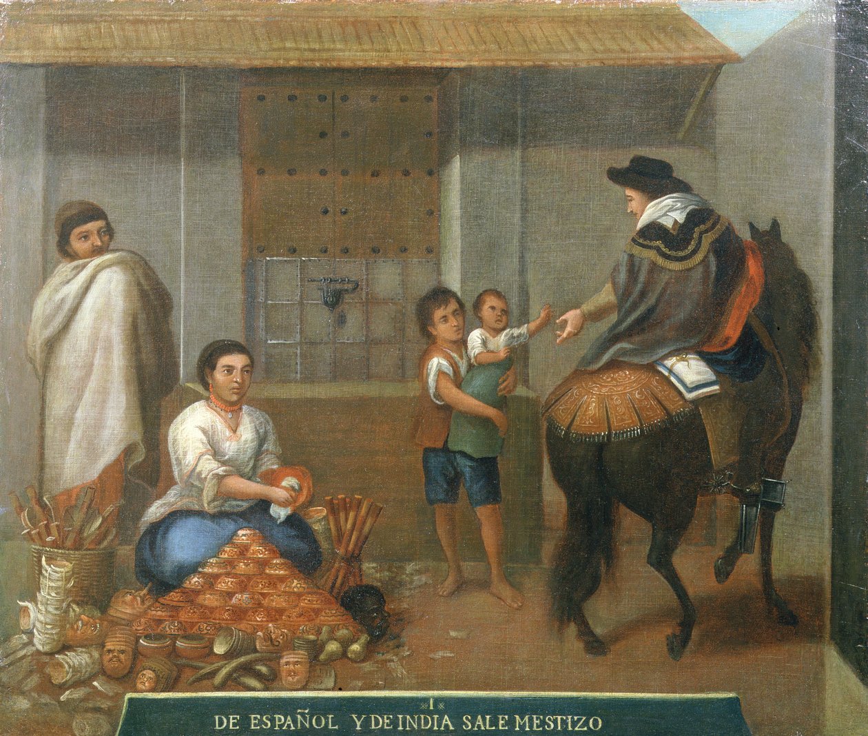 Bir pazar tezgahının yanında üç rakam by Mexican School