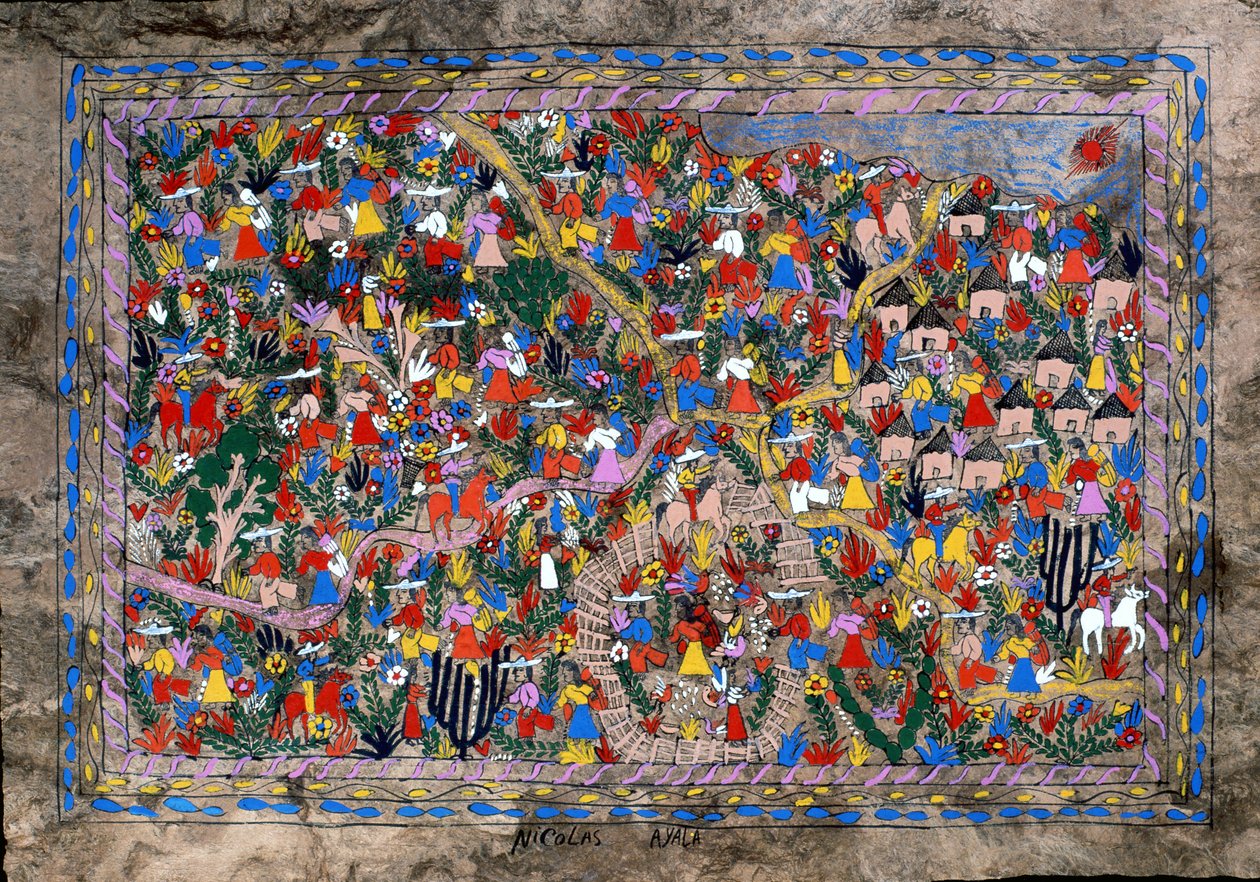 Köy sahnesi, Guerrero Eyaleti, Meksika (boyalı ağaç kabuğu) by Mexican School
