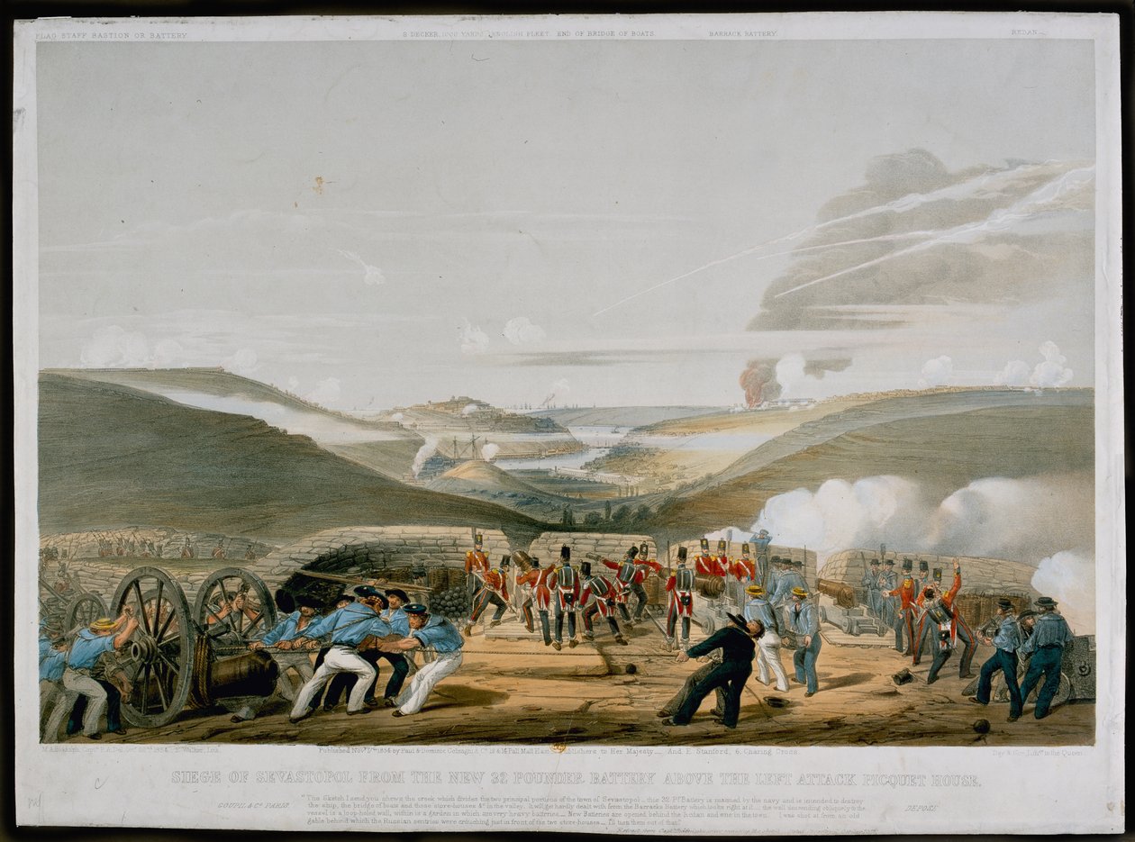Sivastopol Kuşatması, Walker tarafından oyulmuş, Sol Saldırı Piket Evinin üzerindeki 32 Pounder Bataryasından, 1854 yayınlandı by Michael Biddulph
