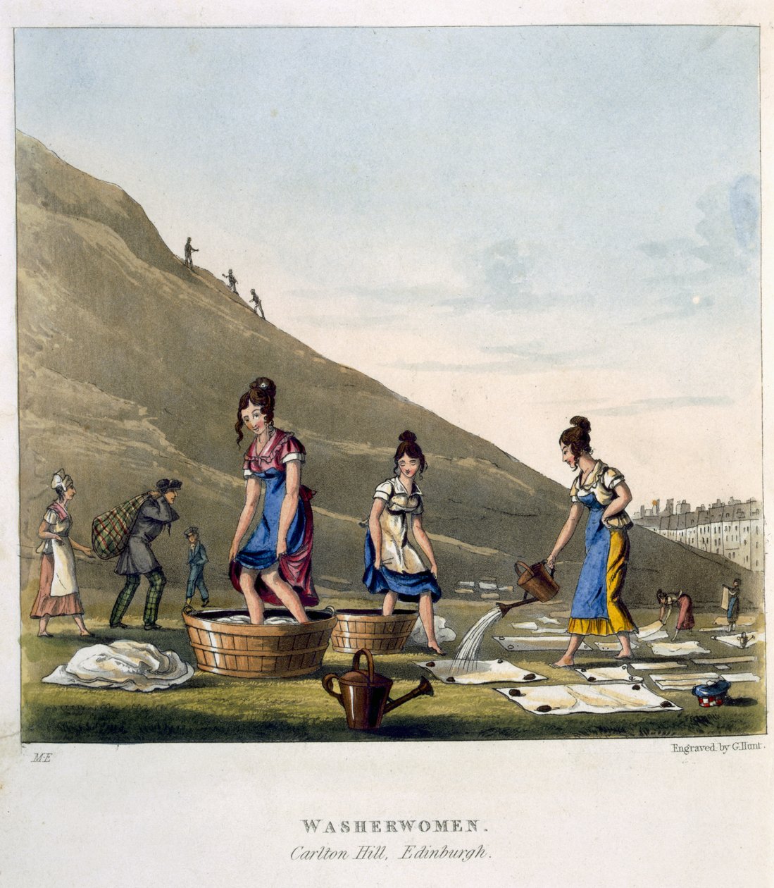 Yıkayıcı kadınlar, Calton Hill, Edinburgh, George Hunt tarafından kazınmış 'Airy Nothings veya hurdalar ve naughts ve garip-cum-shorts, bir sirkumbendibus hop, step ve jump, Olio Rigmaroll tarafından', 1825 yayınlandı by Michael Egerton