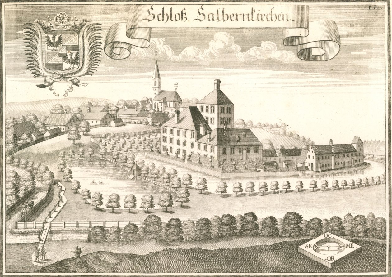Bavyera, Land Ampfing yakınlarındaki Salmanskirchen kalesinin görünümü. Michael Wening tarafından gravür by Michael Wening