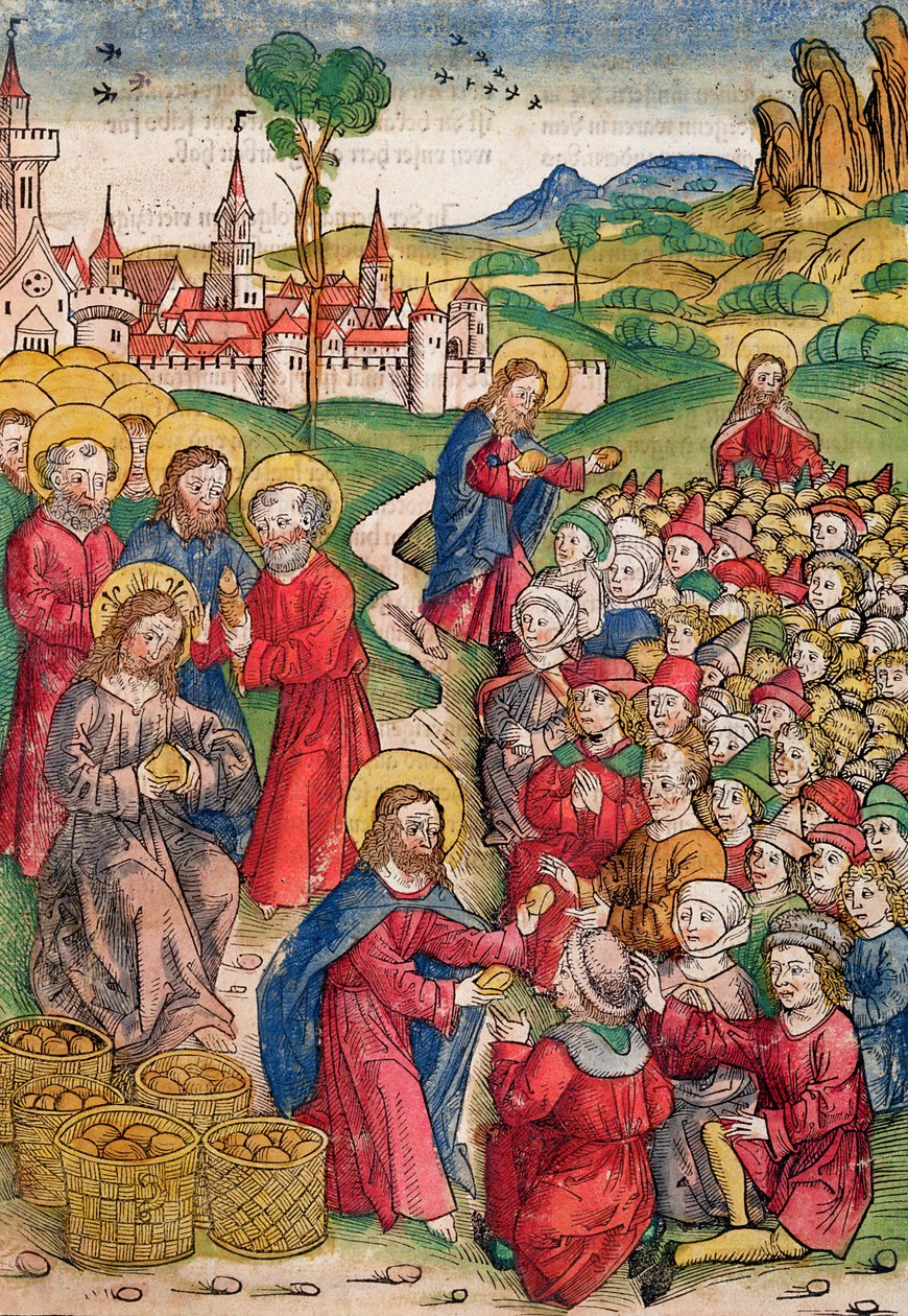 Somun ve Balıkların Çoğalması, 1491 (renkli gravür) by Michael Wolgemut