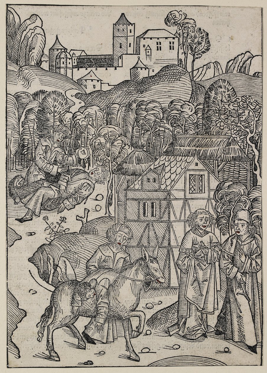 İyi Samiriyeli benzetmesinin ikinci kısmı, c. 1491 (tahta baskı, kırmızı sulu boya ile fazla işlenmiş, tipo baskı) by Michael Wolgemut