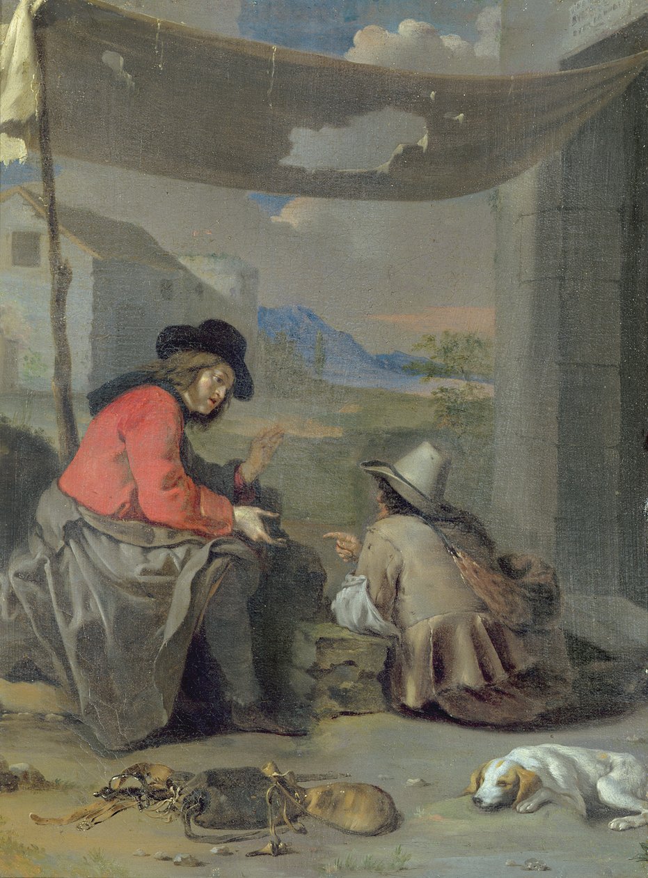 Bir Köpekle Oturan İki Figür (gemide yağ) by Michael (attr. to) Sweerts