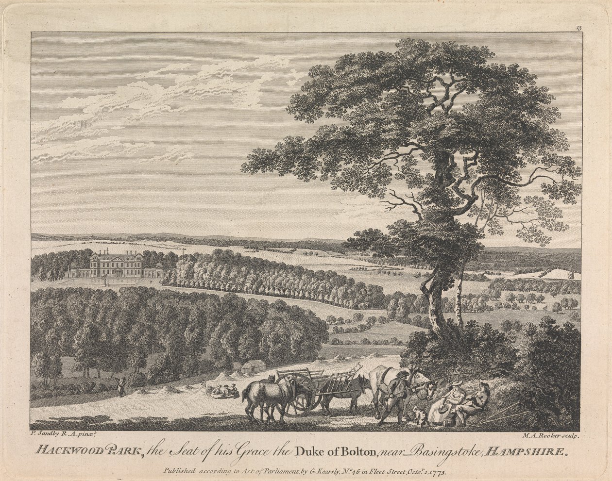 Hampshire, Basingstoke yakınlarındaki Bolton Dükü Ekselanslarının Yeri Hackwood Park (yayınlayan: G. Kearsly); sayfa 19 (İkinci Cilt) by Michael Angelo Rooker