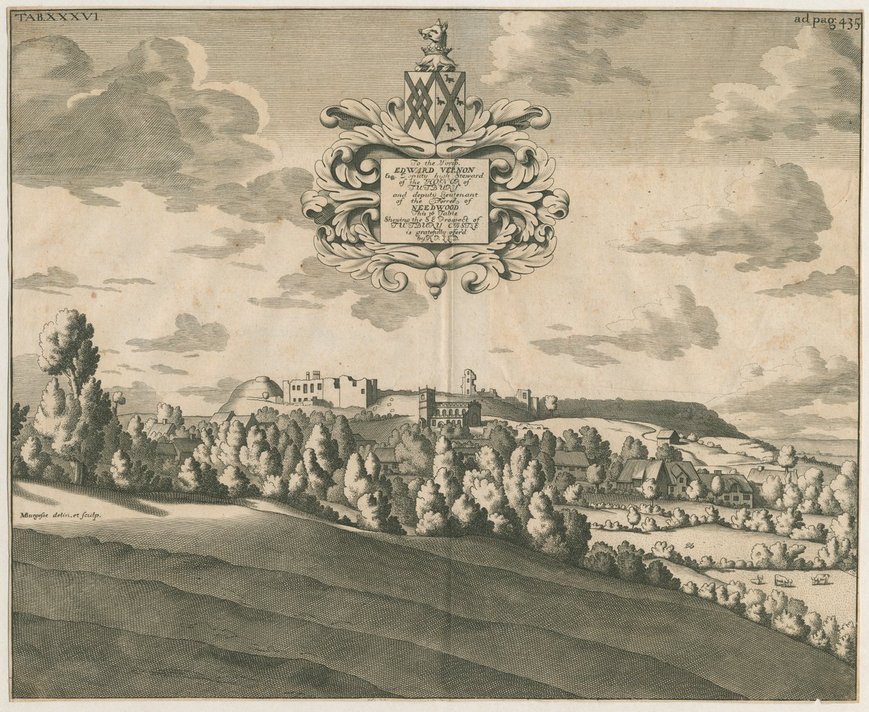 Tutbury Kalesi - Uzaktan Görünüm: bakır levha gravürü, nd [c 1686] by Michael Burghers
