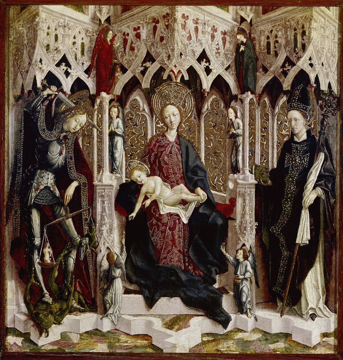 Bakire Enthroned with Child, Angels and Saints.( metal üzerine yağlı boya by Michael Pacher