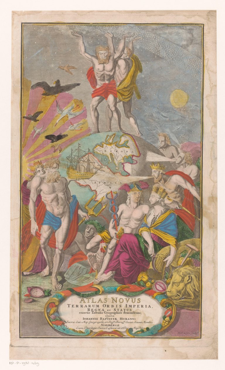 Atlas ve Herkül dragen sterrenhemel Başlık sayfası: Johann Baptist Homann, Yeni Dünya Atlası by Michael Rössler