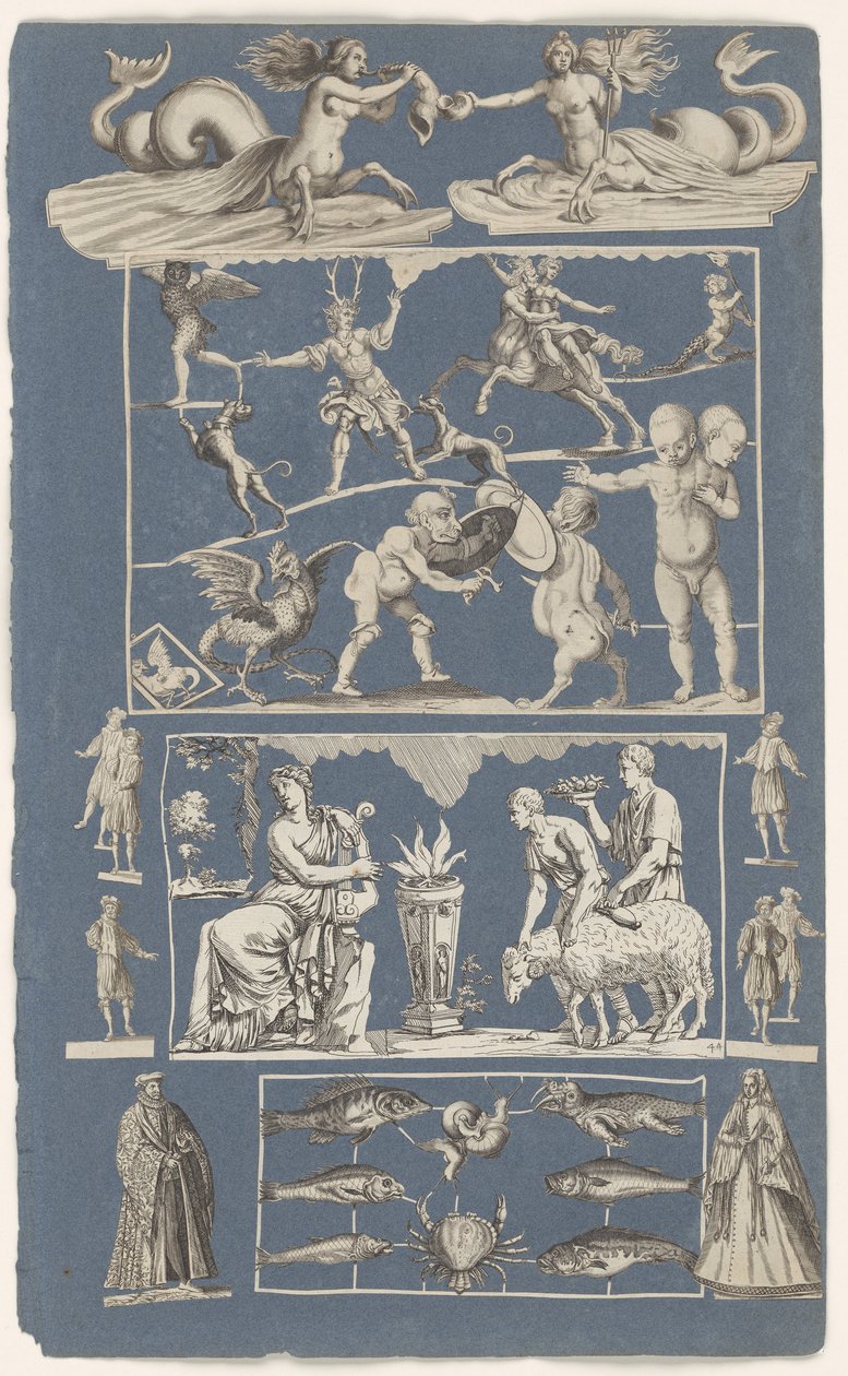 Mavi kağıttan bir albüm sayfasına yapıştırılmış kesilmiş baskılardan oluşan kolaj Doğa harikaları by Michael Snijders (attributed to)