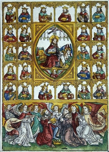 İsa, Dört Müjdecinin Sembolleri ile çevrili ve arp ve altın kupalar taşıyan birçok kral by Michael Wolgemut or Wolgemuth