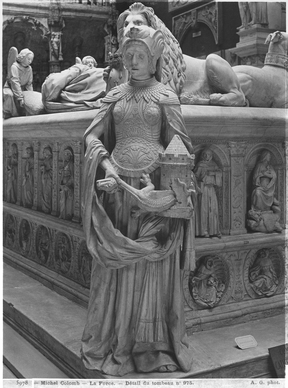 Nantes, St. Peter and St. Paul Cathedral, Tomb of Francis II, Duke of Brittany and Marguerite of Foix, detail of Fortitude, 1502-07 plaster cast from marble bw photo by Michel Colombe